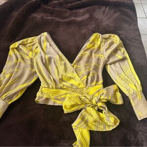 Banana Republic Citron and Khaki Print Wrap  Cropped Blouse